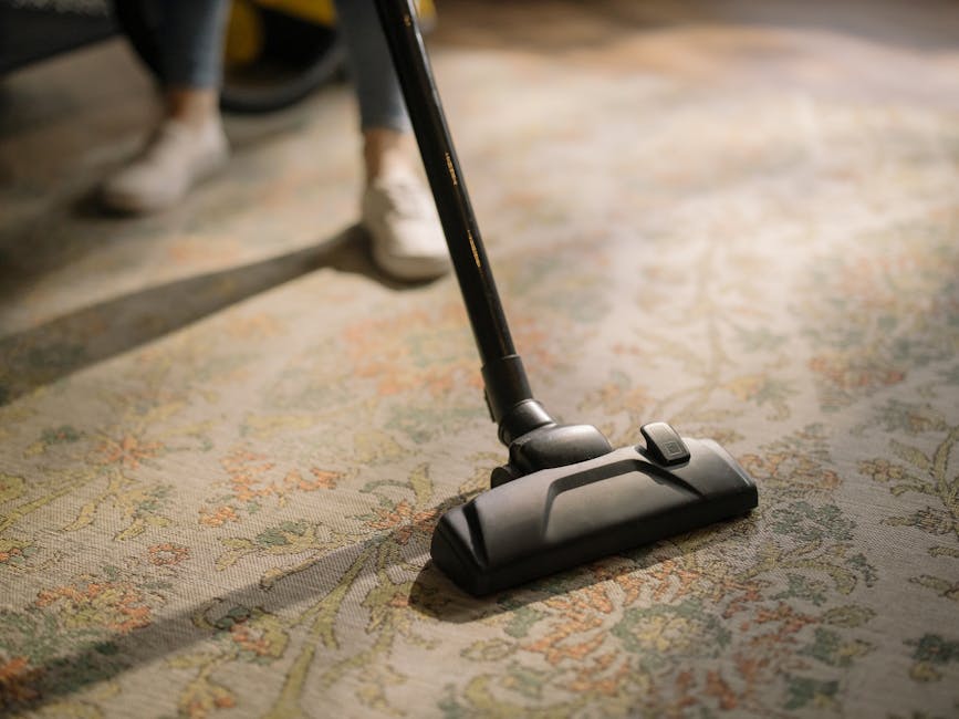 Close-up of a person vacuuming a patterned area rug with a black and gray vacuum cleaner in a well-lit room. The floor beneath the rug is wooden, and the person is wearing white sneakers and dark pant